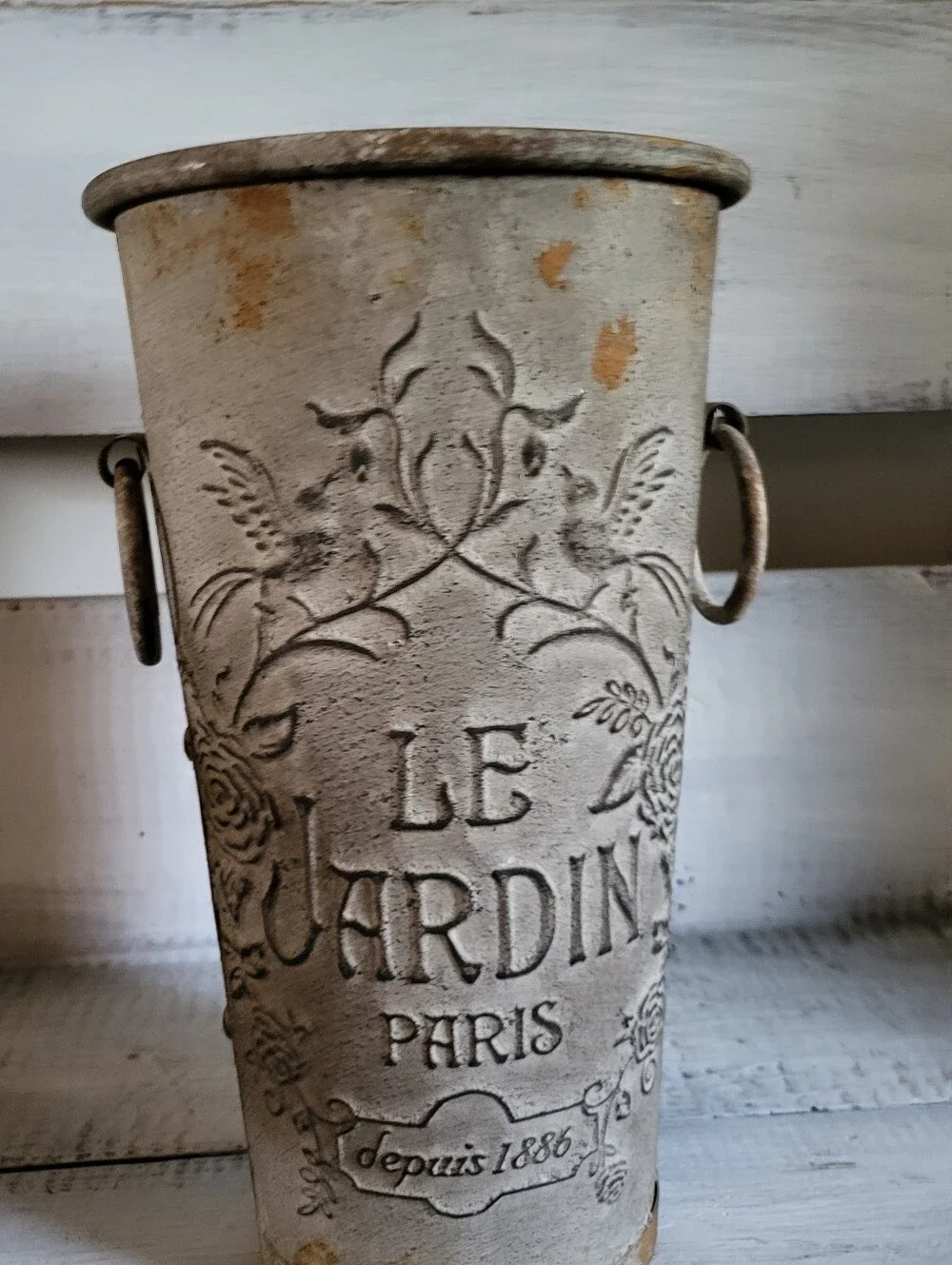 Aris Rustic Cream and Brown Embossed Metal Planter